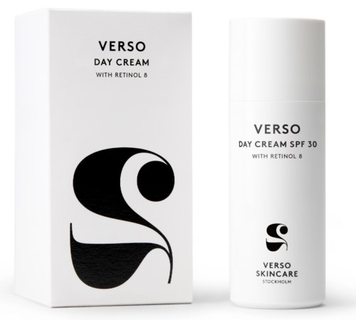Päivävoide retinolilla ja SPF 30, tyylikäs valkoinen pakkauksessa mustalla logolla ja teksti.