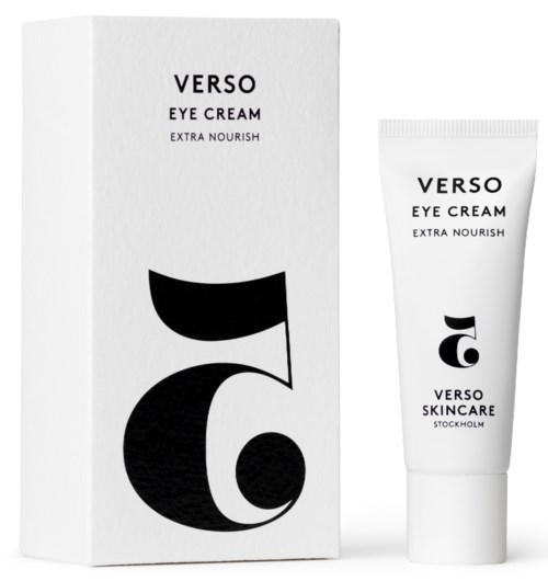 En box och tub med Verso ögonkräm, svartvitt design, märkt för extra näring och hudvård.