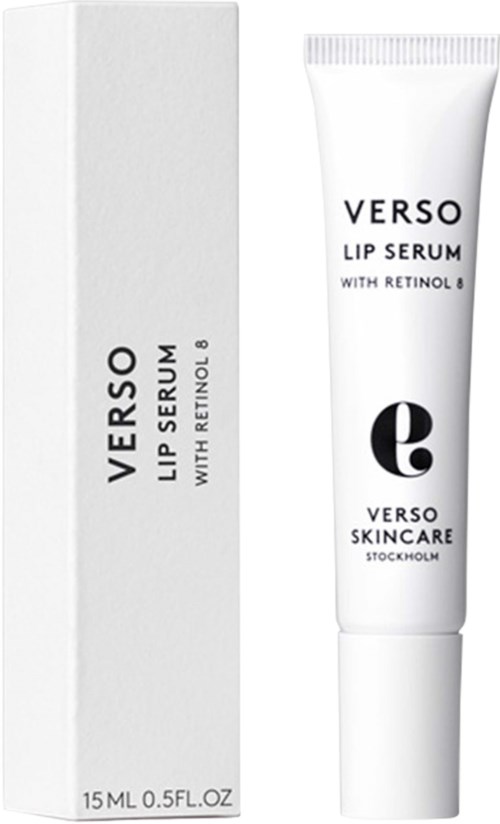 A white tube with black text and a matching box, labeled Verso Lip Serum with Retinol 8.