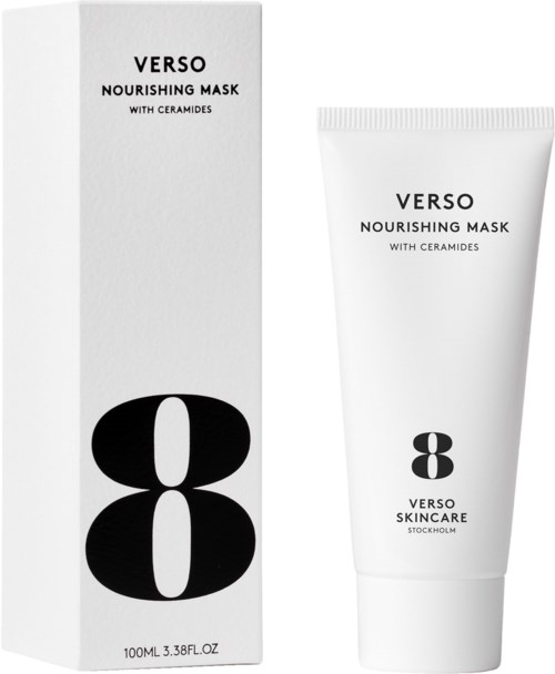En vit box och tub för näringsrik ansiktsmask med ceramider, märkt med siffran 8 och svart text.