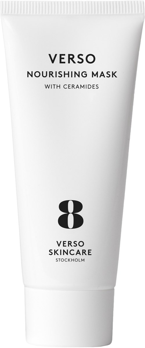 Valkoinen tuubi, jossa lukee 'Verso Nourishing Mask with Ceramides' ja 'Verso Skincare Stockholm', numero 8, yksinkertainen muotoilu.