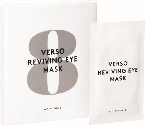 Emballasjen for VERSO Reviving Eye Mask med Retinol 8, inkluderer en boks og en pose.