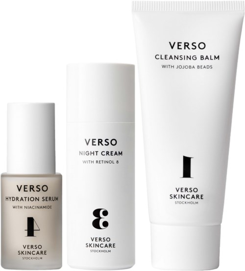 Three skincare products: hydration serum, night cream, and cleansing balm, all from Verso, with simple white bottles and text.