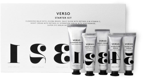 Hautpflege-Set mit Reinigungsbalsam, cremiger Glanz, Nachtcreme, Serum und Augenserum in Tuben.
