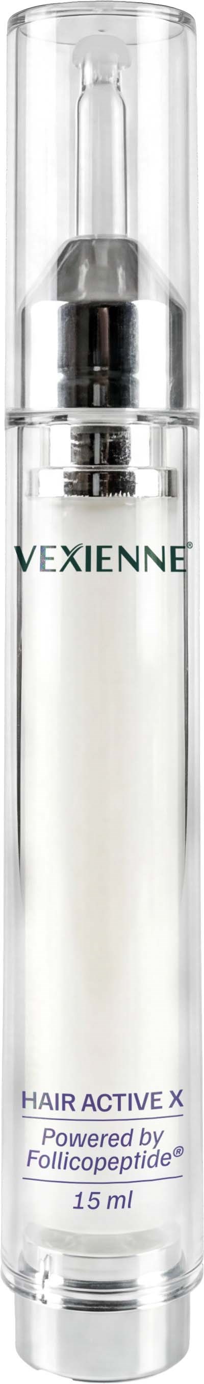 A clear rollerball bottle containing Vexienne Hair Active X product with a silver pump and cap, label shows product details.