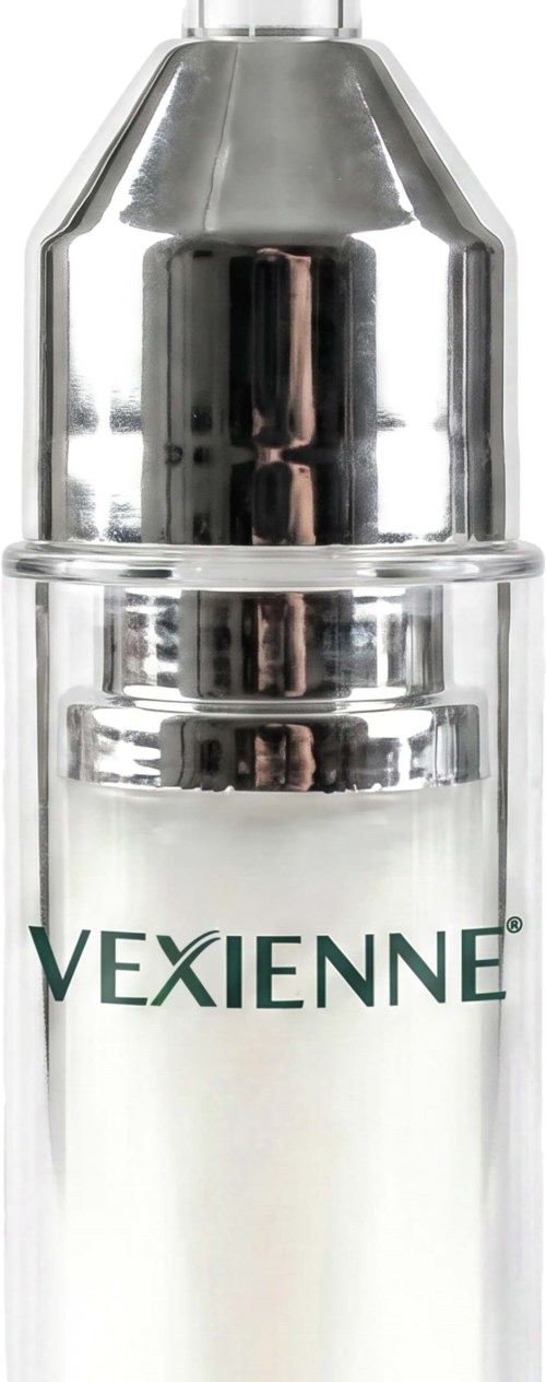 Vexienne facial serum bottle with a silver cap and clear container showing a white liquid inside.