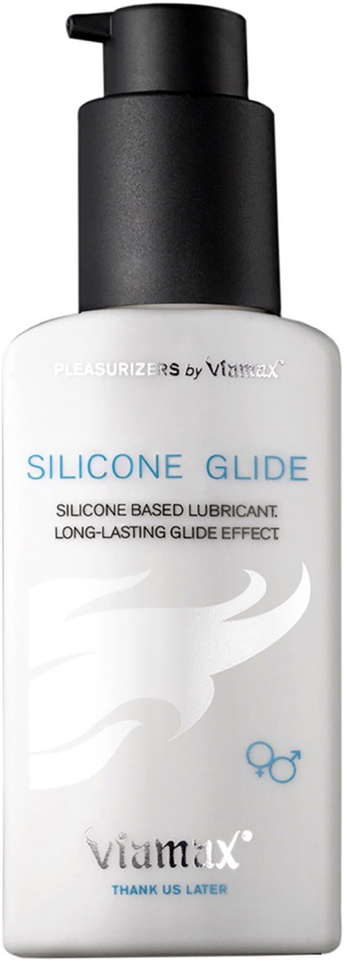 Een witte fles met een zwarte pomp bevat siliconenbasis glijmiddel genaamd Silicone Glide voor langdurige soepelheid.