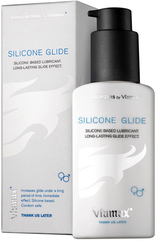 Een witte fles met 'Silicone Glide' en een zwarte pomp, naast een doos van hetzelfde product voor smering.