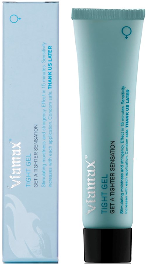 Een lichtblauwe tube en doos van Viramax Tight Gel, ontworpen om de huid strakker te maken. De tube heeft een zwarte klep.