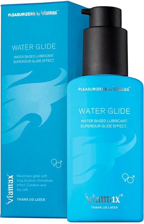 Een blauwe fles en doos met labeled "Water Glide" van Vitamx, een op water gebaseerde glijmiddel met langdurige glij. 