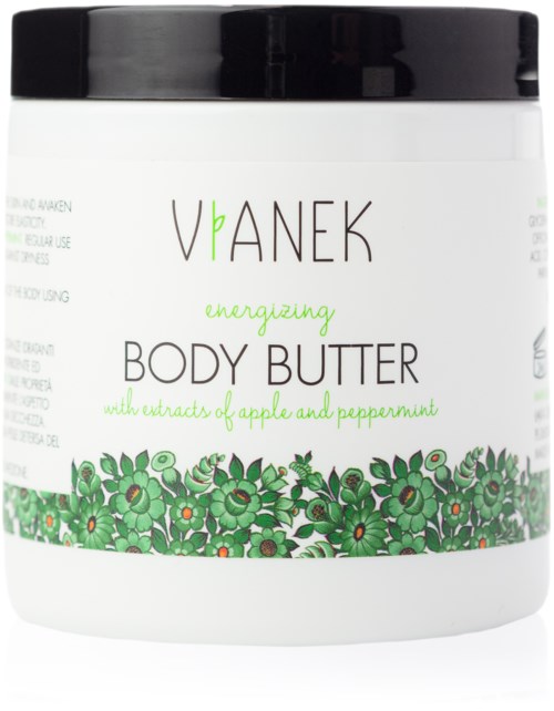 En vit burk med svart lock, märkt 'Vpaneek energizing body butter' med äpple- och pepparmyntsextrakt, och en grön blomsterdesign.