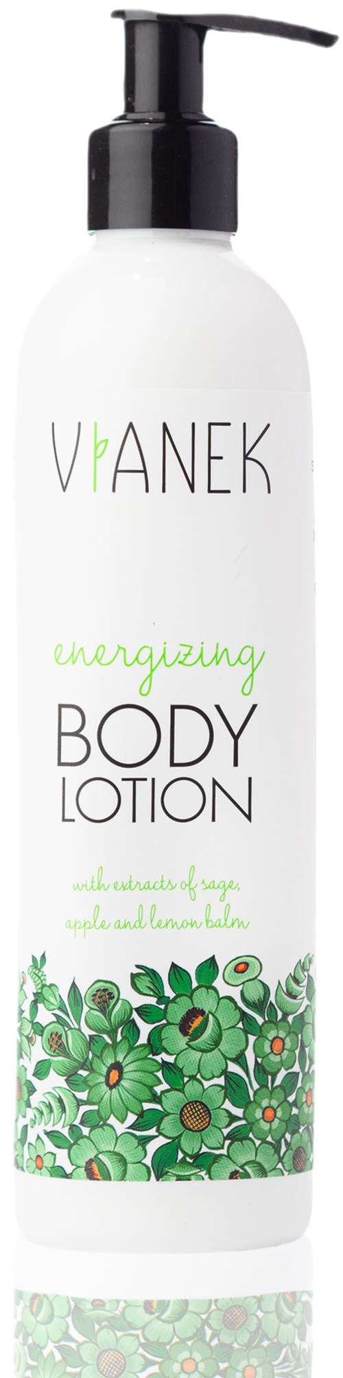 En hvit flaske med bodylotion med pumpe, merket "Vianek Energizing Body Lotion" og med grønt plante-design.
