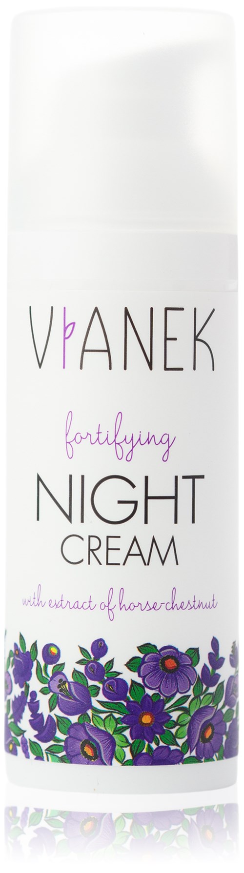 En vit flaska märkt Vipanek Fortifying Night Cream med lila blommor. Den är för nattlig hudvård.