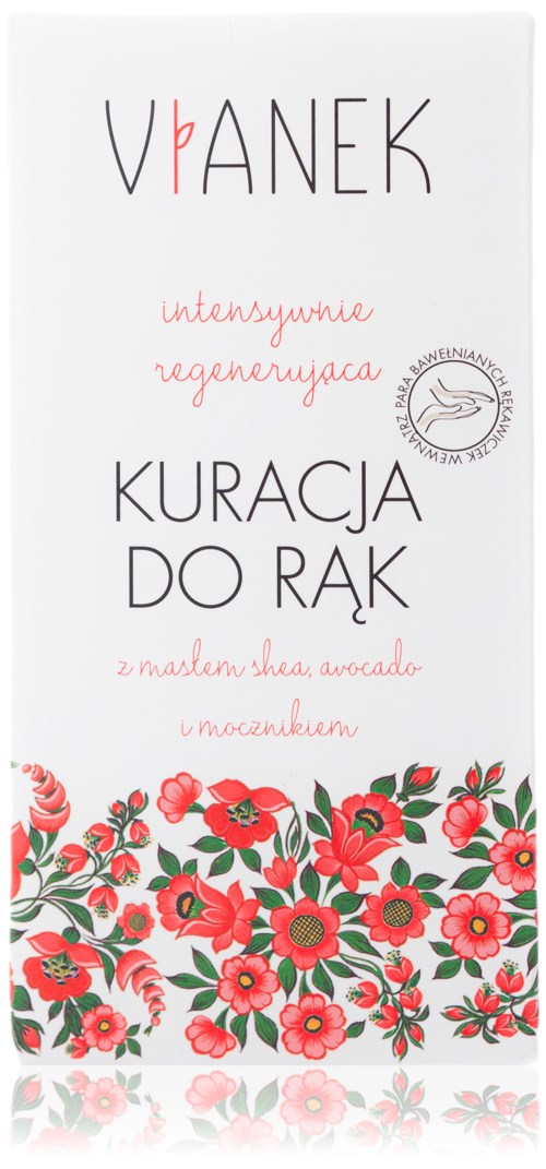 En etikett med blommor längst ner, text på polska och logotyper som nämner handvård med avokado.