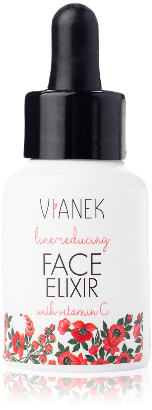 Een witte fles met zwarte druppeldop, gelabeld Vianek gezichtselixir met vitamine C en een bloemenontwerp.