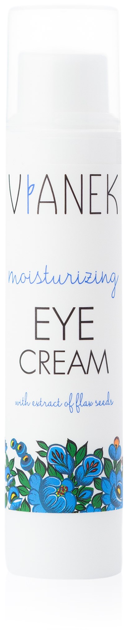 A white tube of eye cream with blue floral design, label says 'VANEK moisturizing eye cream'.