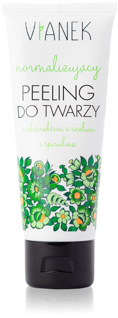 Een tube gezichtspeeling met groene bloemen en tekst in het Pools.
