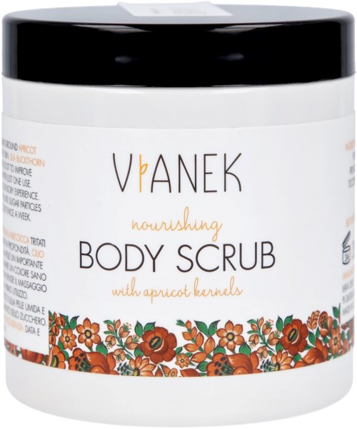 A white container with a black lid, labeled 'Vianek nourishing body scrub with apricot kernels,' decorated with orange flowers.