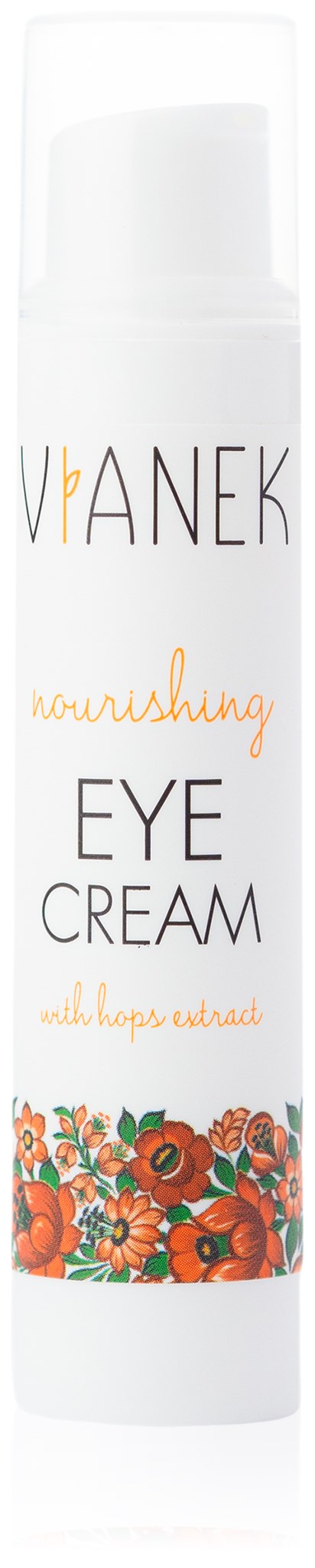 Een witte fles oogcrème met oranje en groene bloemenpatroon, gelabeld 'VANEX nourishing EYE CREAM met hennep extract'.