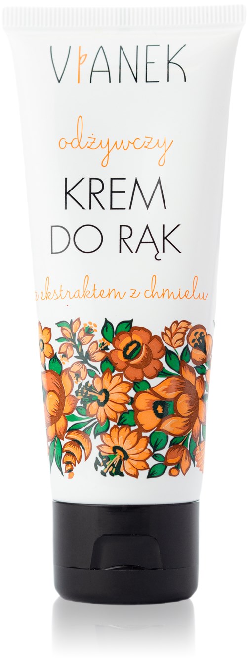 A white tube with orange flowers near the bottom, black cap, and colorful text related to hand cream and flower scent.