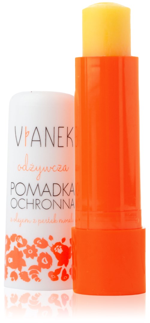 Läppbalsam med vit och orange behållare, med blommönster och polsk text. Lip balm-stav synlig.