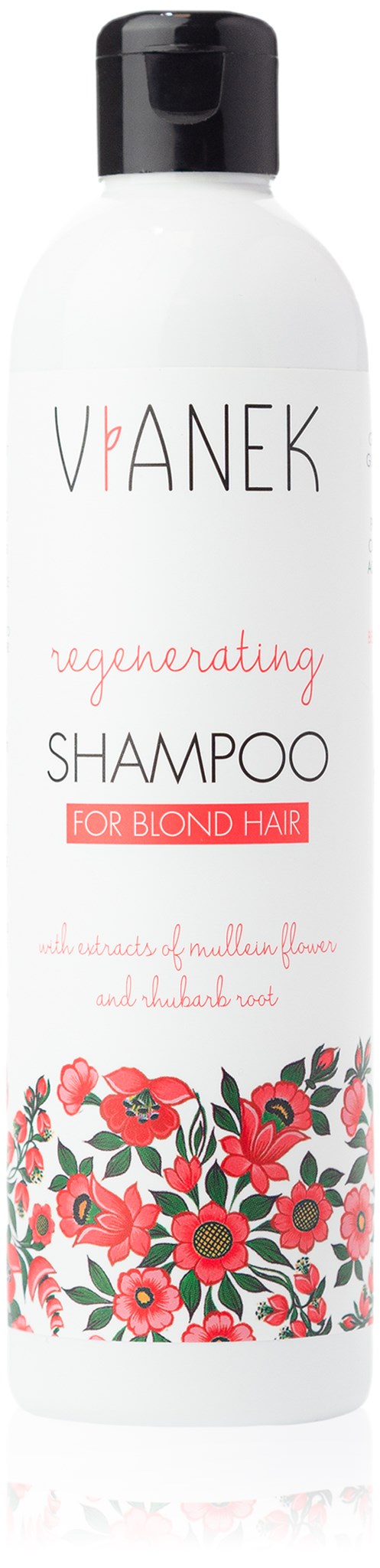 A white shampoo bottle with a black cap, red and black flowers at the bottom, and red text for blond hair.