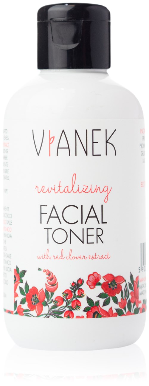 Eine weiße Flasche mit schwarzem Deckel, mit VPANEX revitalisierende Gesichtswasser, verziert mit roten Blumen und grünen Blättern.