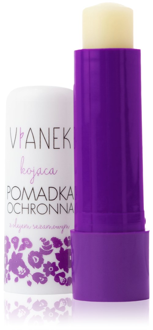 En lila läppstift med vit topp och lila och vit etikett med text på ett främmande språk.