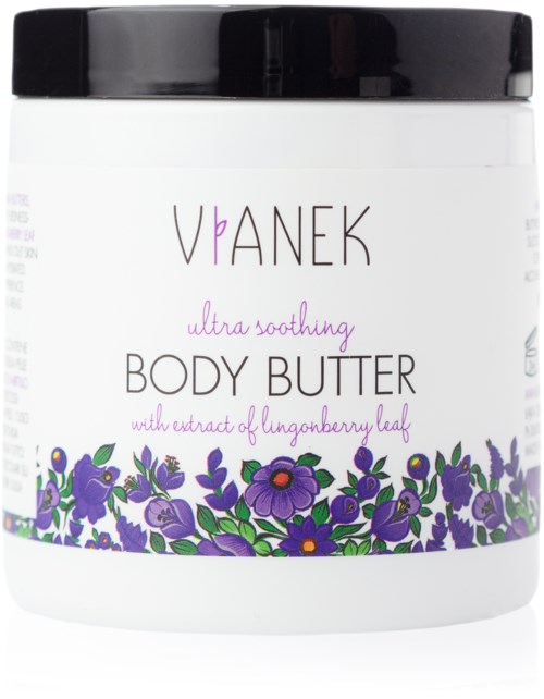 Purnukka vartalovoi. Sinissä ja vihreässä kukkakoriste. Leimat: 'Vianek ultra soothing body butter.'