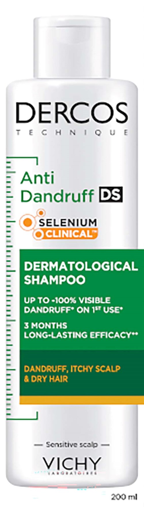 En vit schampoflaska med svart fliplock, märkt Dercos Technique Anti Dandruff Dermatological Shampoo för mjäll och torr hårbotten.