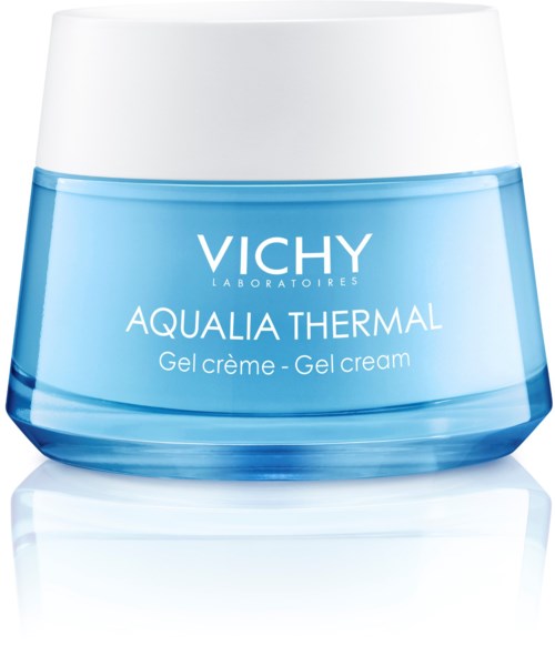 En blå burk med Vichy Aqualia Thermal gelkräm med vit lock.