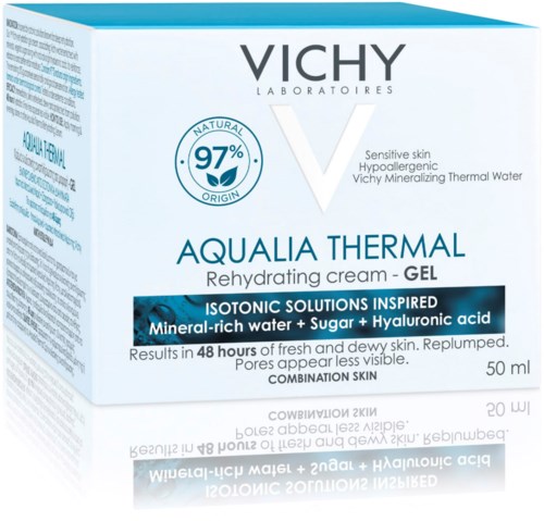 Vichy-logga och förpackning för Aqualia Thermal Rehydrating Gel med mineralvatten, socker och hyaluronsyra.