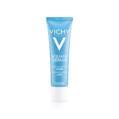 Eine blaue Tube Vichy Aqualia Thermal leichte feuchtigkeitsspendende Creme für normale Haut.