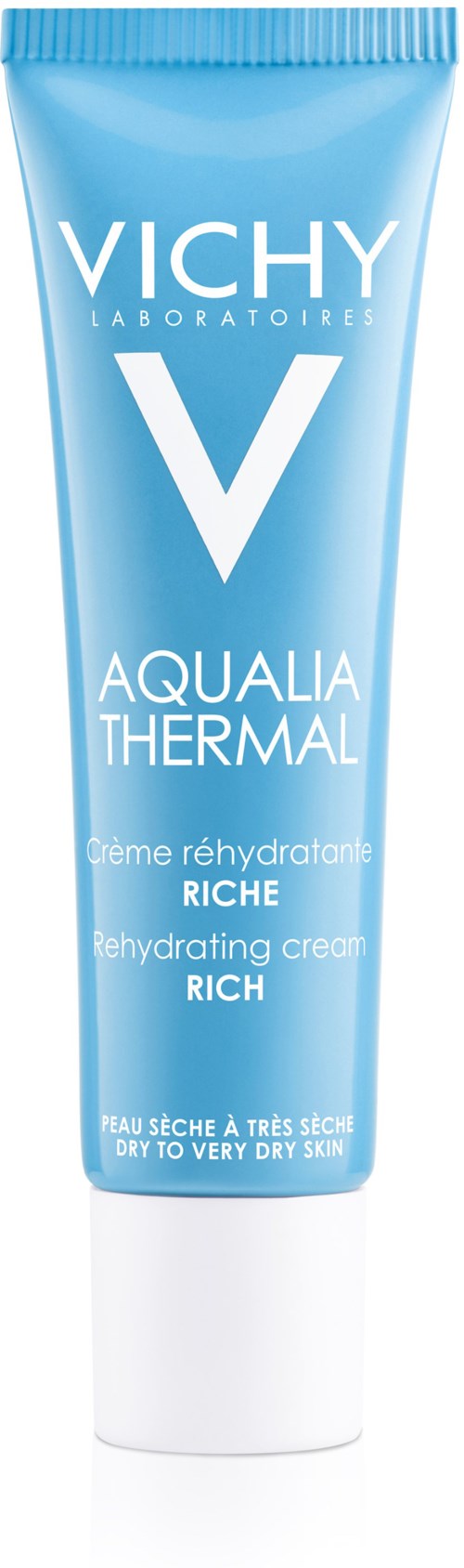 Blaue Tube von Vichy Aqualia Thermal feuchtigkeitsgebende Creme für sehr trockene Haut.