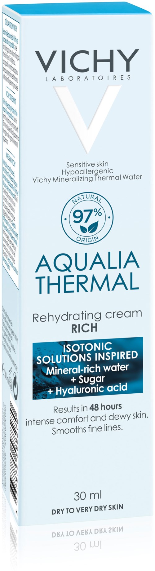Ein hoher hellblauer und weißer Karton für Vichy Aqualia Thermal feuchtigkeitsspendende Creme, geeignet für trockene, empfindliche und intolerante Haut.