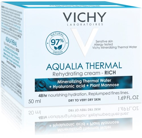 Eske med Vichy Aqualia Thermal krem for tørr hud, med mineralvann og hyaluronsyre, 50 ml.
