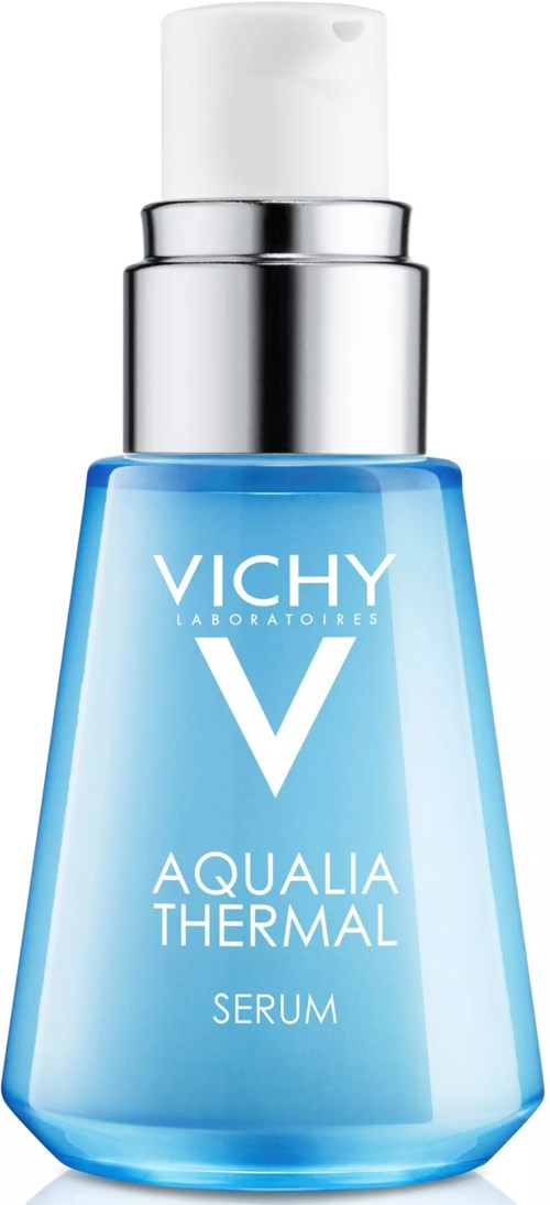 Blue Vichy Aqualia Thermal serum bottle with a white pump and silver cap.