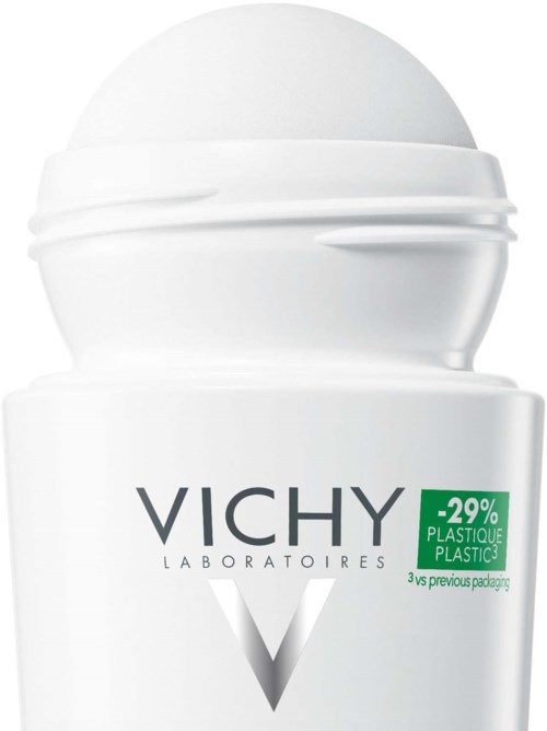 Vichy Laboratories-logotyp på en vit behållare med rund topp, med grönt rabattmärke.