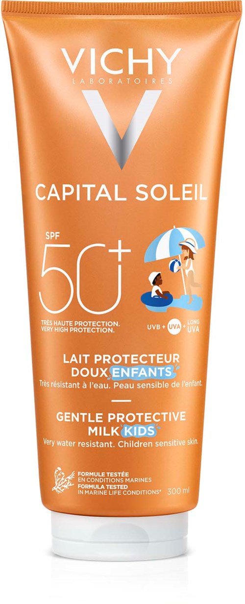 En tube af Vichy Capital Soleil solcreme til børn med SPF 50+ og beskyttelsesegenskaber.