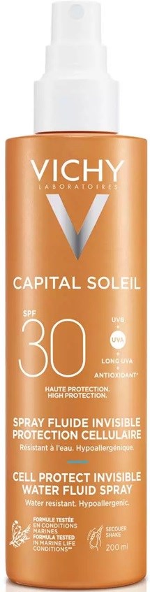 En kopparfärgad flaska med Vichy solkräm med SPF 30, spraymunstycke och produktenamn på etiketten.