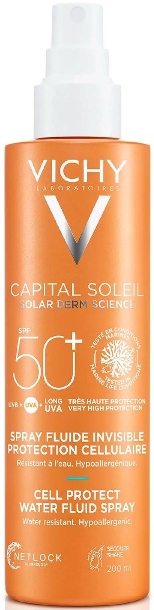 Orange bottle of Vichy Capital Soleil spray with SPF 50+ for skin protection, invisible water-based formula.