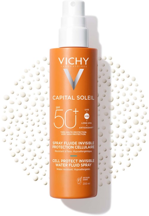 Oranje fles met Vichy Capital Soleil zonnespray met SPF 50+ en celbescherming label.