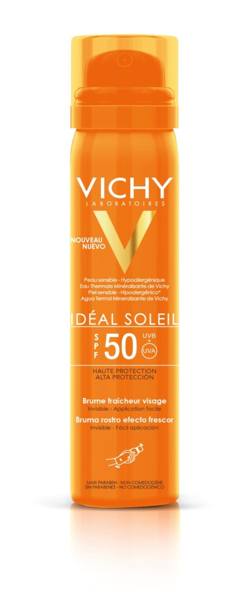 En lang orange flaske med Vichy solcreme med SPF 50 og pumpehoved.