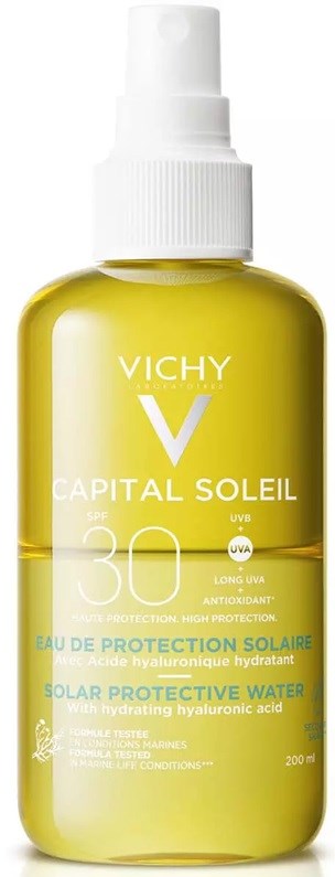 Vichy Capital Soleil solskyddsspray med SPF 30, gul flaska och vit lock.