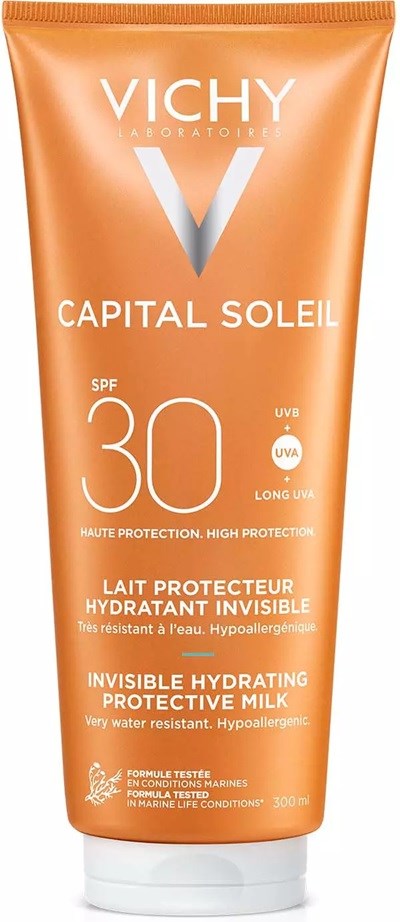 Orange tub med Vichy Capital Soleil solkräm med SPF 30. Ger hög skydd och är osynlig och återfuktande.