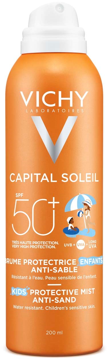 Sun protection spray for kids with SPF 50+ in an orange bottle, featuring a cartoon character with an umbrella.