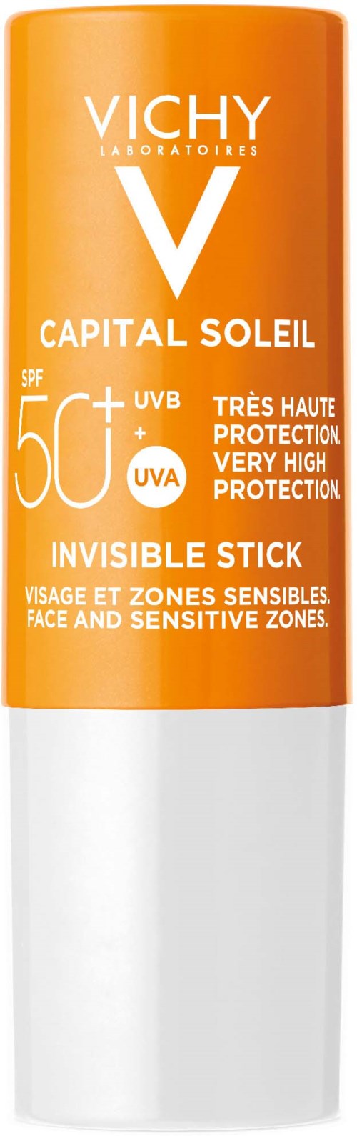 Wysoka, pomarańczowa i biała butelka kremu do opalania Vichy Capital Soleil z SPF 50+ i ochroną UV. Oznaczona jako niewidzialny sztyft.