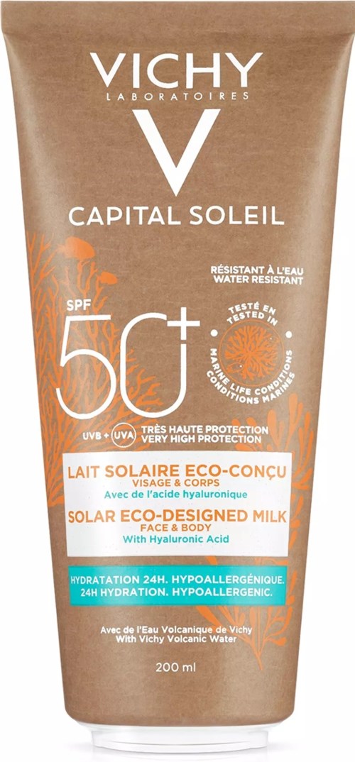 Sun protection cream with SPF 50+ for face and body, water-resistant, contains hyaluronic acid, and provides hydration.
