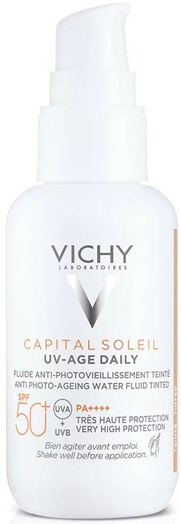 Vichy Capital Soleil UV-Age Daily sunscreen bottle with SPF 50+ and water-resistant formula.