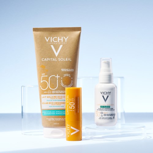 Vichy Soleil sunscreen products, including lotion, stick, and spray, with SPF 50+ and sun protection labels.